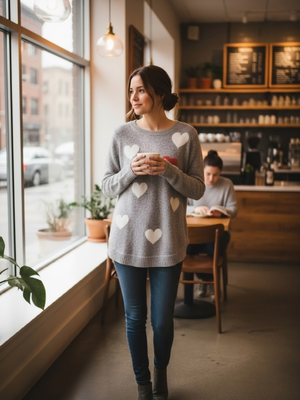 Christopher & Banks Gray Sweater with White and Red Hearts